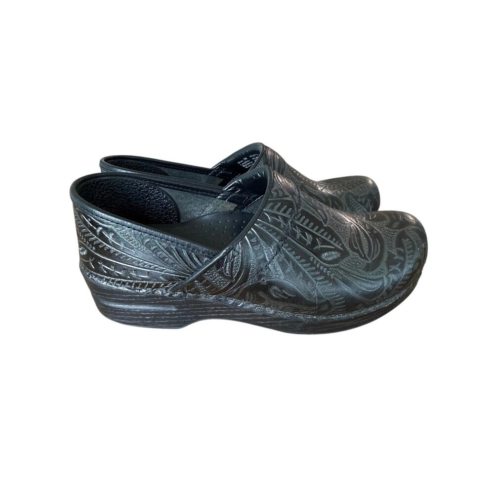 Dansko Professional Clogs 39 US 8.5-9 Black Tooled Leather Floral Work Shoes